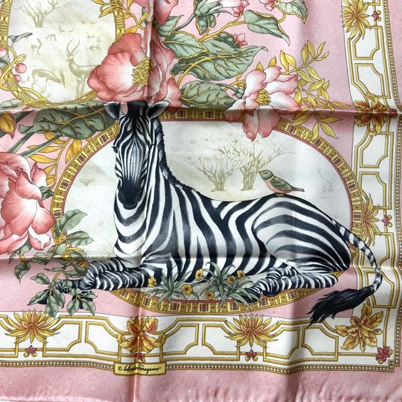 FERRAGAMO: Pink Floral & Zebra  Logo Silk Bag Scarf/Pocket Square 16" x 16" #135 - Picture 2 of 5